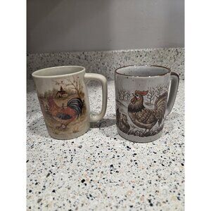 2pc Lot Set Vintage Otagiri Japan Mug Rooster & Farm Scene 8 oz
